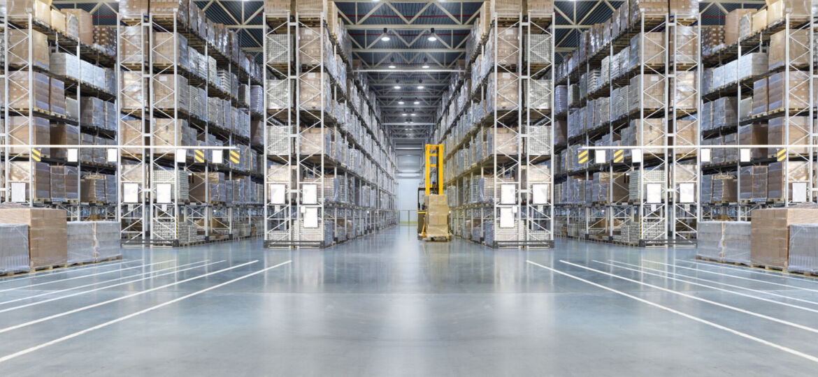 Huge distribution warehouse with high shelves