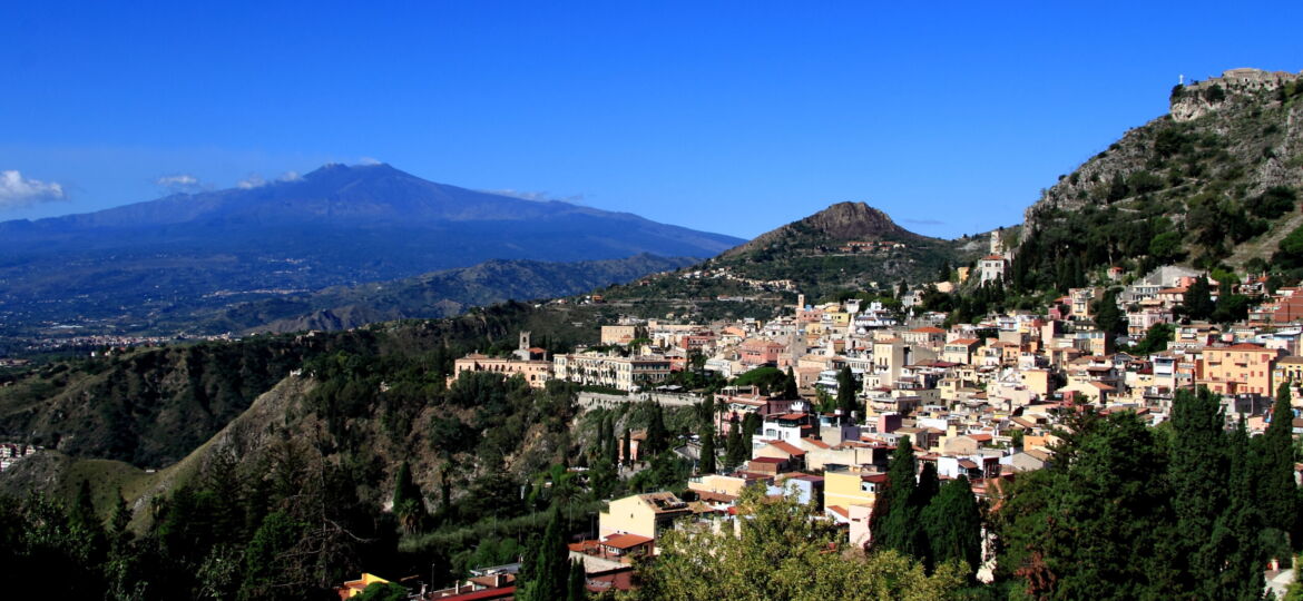 Mt Etna and Taormina as seen from the Ancient Theatre of Taormina