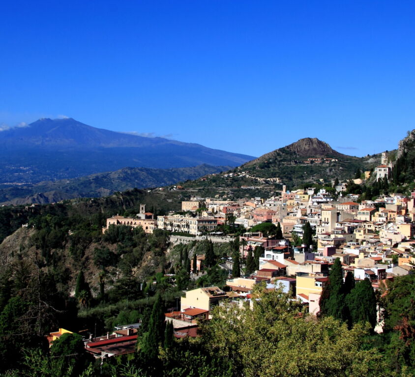 Mt Etna and Taormina as seen from the Ancient Theatre of Taormina